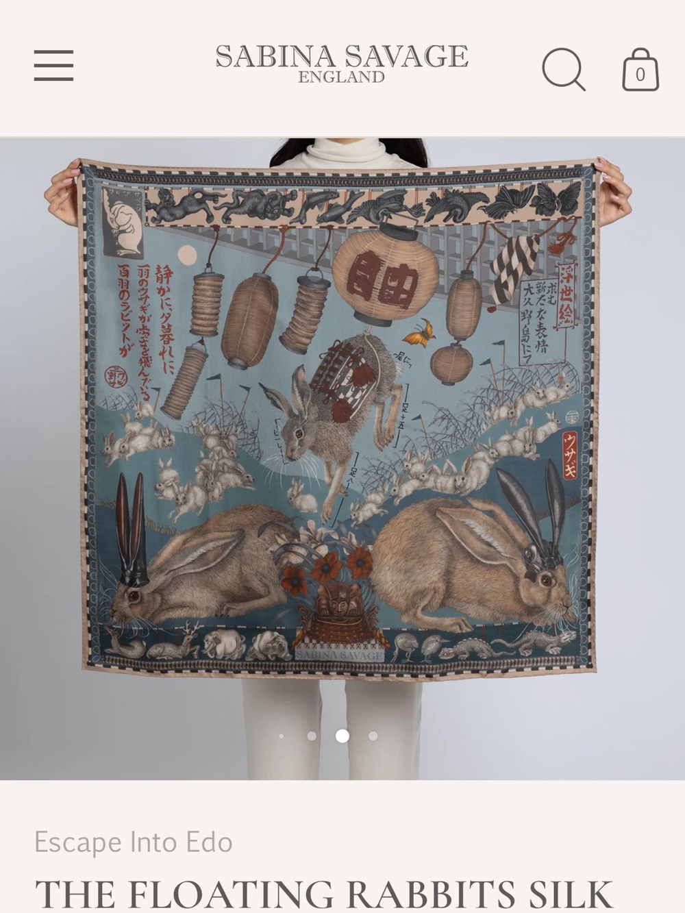 Sabina Savage - THE FLOATING RABBITS SILK TWILL SCARF 90 - Design - Cameo/Rice